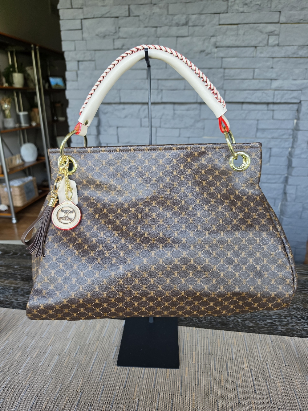 Brown Patterned Tote Bag with Wrist Pouch - Brown - Picture 2 of 5